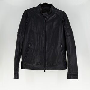NEW Boss Hugo Boss Men's Genuine Leather Embroidered Moto Jacket Dark Blue 38R